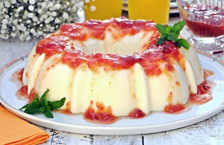 manjar branco tropical com calda de frutas