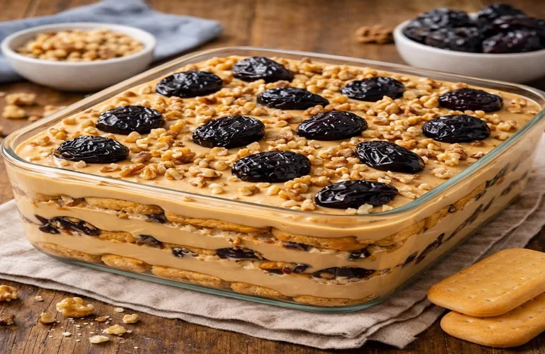 pavê de ameixa com creme (tipo doce de leite creme de leite) e biscoito maisena
